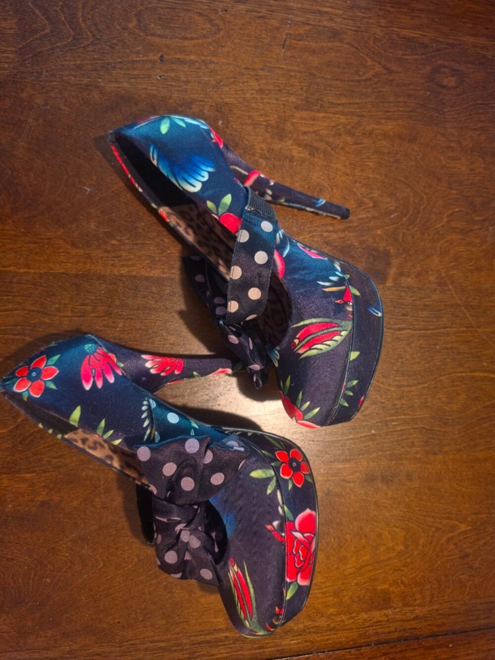Iron Fist Floral Mary Jane Heels Mixed Prints Bow Strap Rare & Collectible Size - Picture 3 of 5